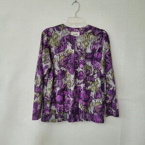 Vera Women's Purple Green Floral Metallic Print Long Sleeve Blouse Top Size 14